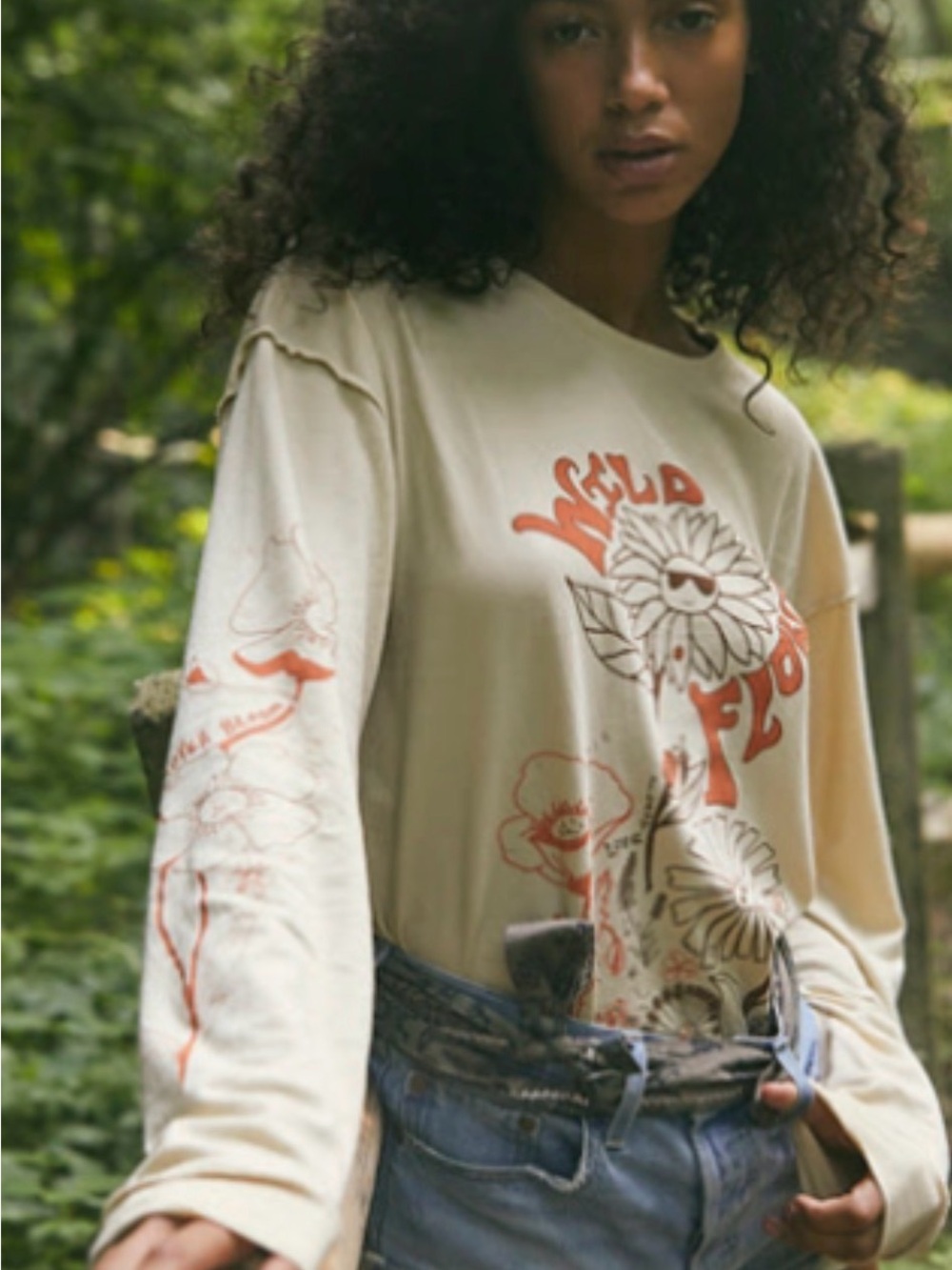 Free People We The Free Care FP Wildflowers Doodle Long Sleeve Tee - sz M